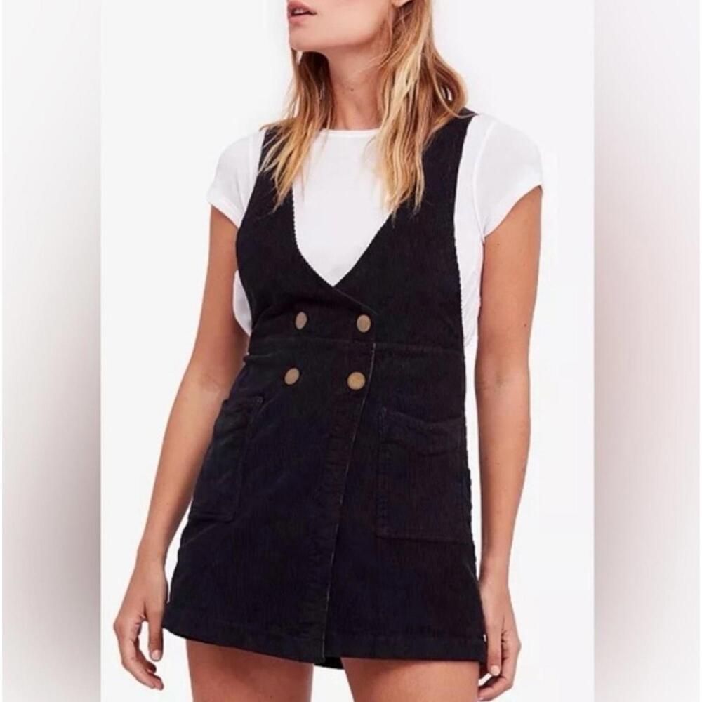 Free People Black Canyonlands Corduroy Jumper Dress Size 12 Ribbed